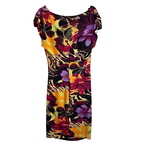 Y2K Cache Women Floral Cowl Neck Dress L Tropical Jungle Print Bodycon Vacation - Picture 2 of 6